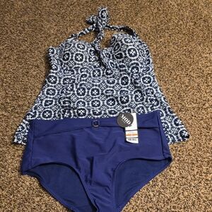 Blue and White Patterned Swimsuit